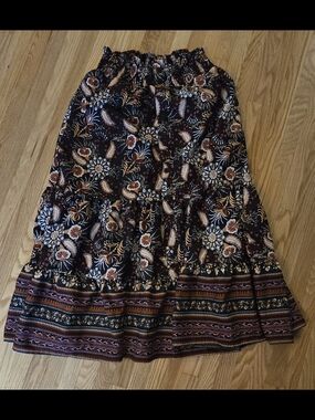 cleo Floral Tiered Midi Skirt in Black, Brown and Cream